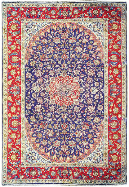 Beautiful 10'6 x 15'8 Persian Najafabad Rug featuring a central medallion design with intricate floral patterns, rich navy blue field, and vibrant red, gold, and ivory accents. High-quality hand-woven rug showcasing exceptional craftsmanship and fine detail, perfect for large living spaces