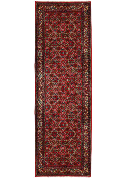 Full view of the 3' x 9'9" Persian Bijar runner rug, laid out flat to display its complete design. The rug features a dominant red color palette with intricate patterns and border details, typical of traditional Persian artistry.