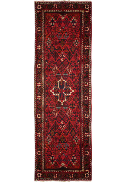 3'5" x 11' Persian Meymeh runner rug, showcasing its intricate central medallion and geometric patterns in rich red, blue, ivory, black, and green colors. The high-quality wool and fine craftsmanship are evident, making it a perfect addition to any hallway or narrow space.