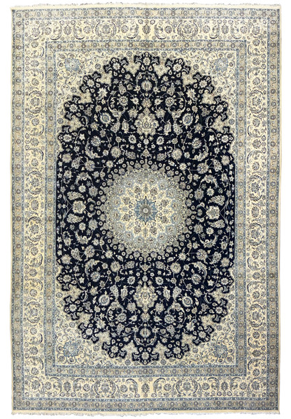 Handwoven 13 x 19'8 Persian Nain 9LA Rug with intricate floral patterns and blue and beige tones