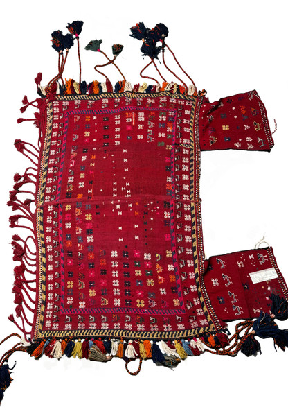 Persian Antique Qashqai Horse Cover with rich red background and multicolored motifs.