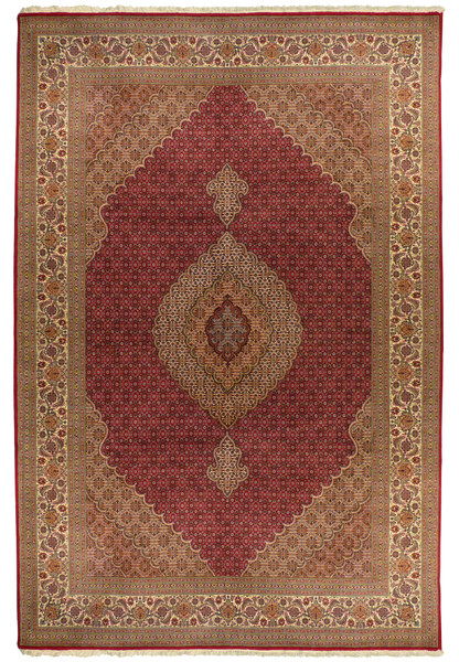 Full overview of the 6'8 x 10 Persian Tabriz Mahi Rug laid down, highlighting the central medallion and intricate motifs.