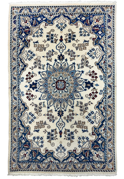 Full view of a 2'10 x 4'8 Persian Nain Rug with intricate ivory and blue design.