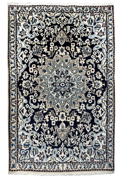 Full view of a 3x5 Persian Nain rug with intricate patterns and rich colors.