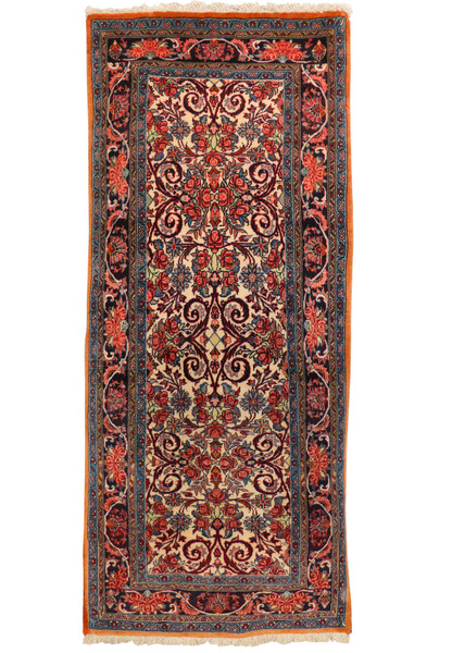 Full view of 2'6 x 6 Persian Bijar Runner showcasing intricate floral and geometric patterns on an ivory background.