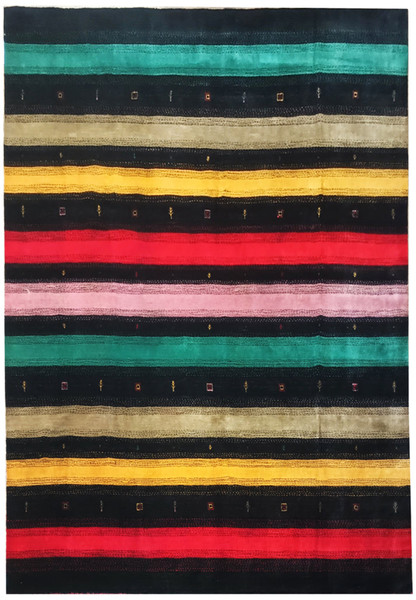 Full view of 8'3" x 9'11" colorful Gabbeh rug with vibrant stripes.