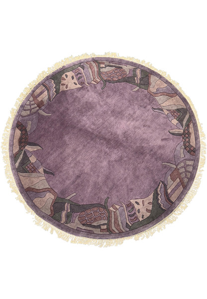 Round Nepali Art Deco Rug with Tibetan wool, 7'3 x 7'3, featuring intricate border designs in lavender, plum, beige, and green.