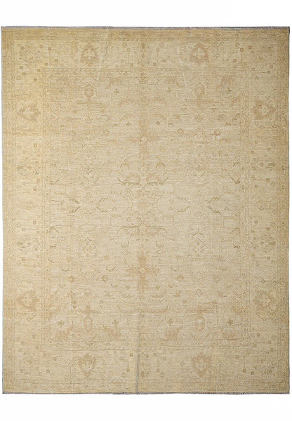 Full view of 8 x 9.6 handmade Chobi Ziglar rug with soft neutral tones and allover faded floral and geometric pattern.