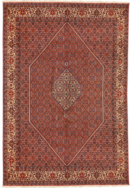 Full view of 8'4 x 11' Persian Bijar rug with central diamond medallion and intricate red field pattern