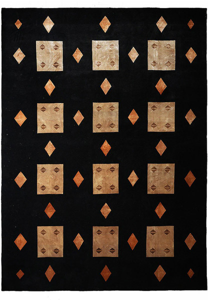 Full view of 9 x 12 hand-knotted Nepali wool and silk rug featuring modern abstract design in neutral tones