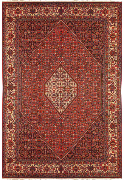 Overhead full view 8'2 x 11'5 Bijar Persian rug, rust field, ivory diamond medallion, dense floral lattice, wide ivory border.