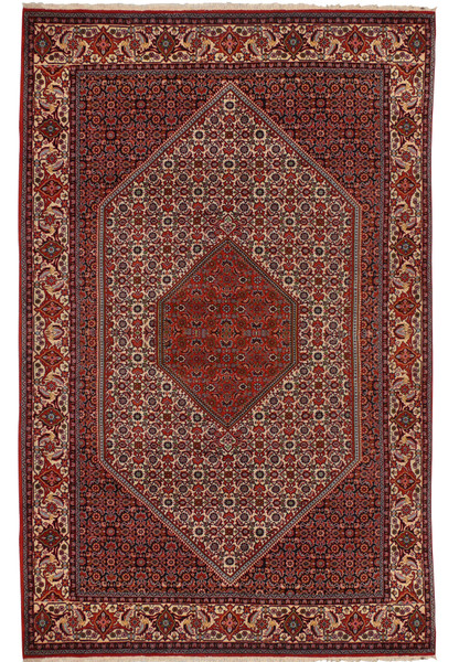 Full view of 6'5 x 9'11 Persian Bijar rug with central medallion and ivory borders.