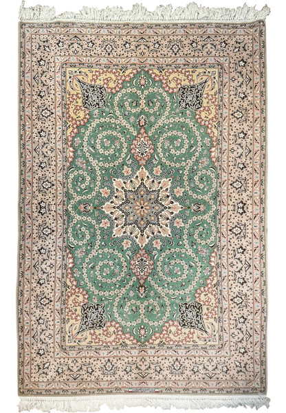 5'2 x 8 Persian Isfahan wool and silk rug with green field and medallion design