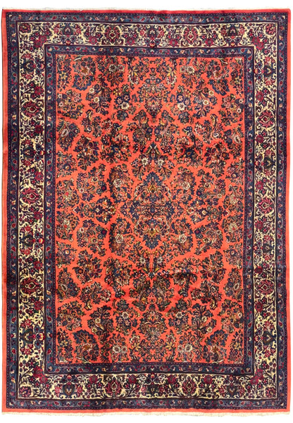 8'5 x 11'3 Persian Sarough rug with burnt coral red field, navy and ivory floral borders, hand-knotted wool, traditional all-over floral design.