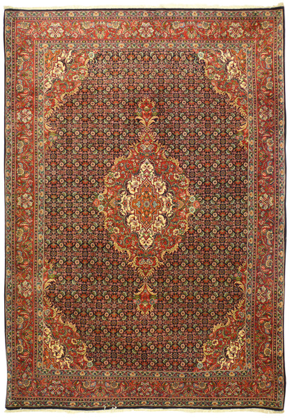 Full view of 6'9 x 9'8 Persian Bijar rug with navy field and red medallion