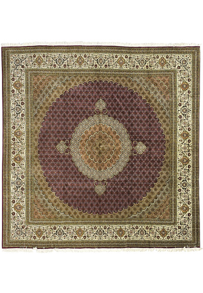 10x10 Tabriz 50 Raj Persian square rug full view with central medallion, ivory border, and burgundy floral field handmade in wool and silk.