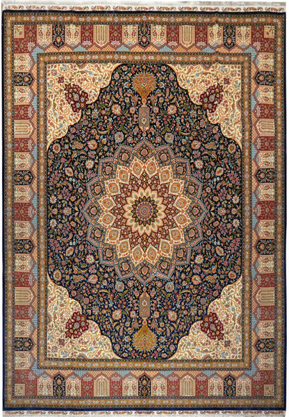 Full view of 8x10 Oriental 100% silk high-end rug featuring intricate medallion design, navy blue field, ivory and burgundy borders, and detailed floral motifs woven in fine silk craftsmanship.