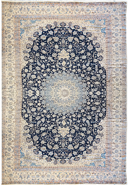 14x25'6 Majestic Nain 9 LA Persian rug full view showing navy blue field and ivory borders.