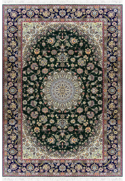 7x10 deep forest green Persian Nain 9LA rug with ivory medallion, navy floral border, fine wool and silk detail, hand knotted in Iran