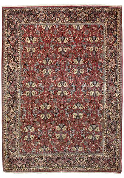 6'8 x 9'2 floral all over Bijar iron rug with brick red field, ivory blossoms, navy outlines, and detailed multicolor border