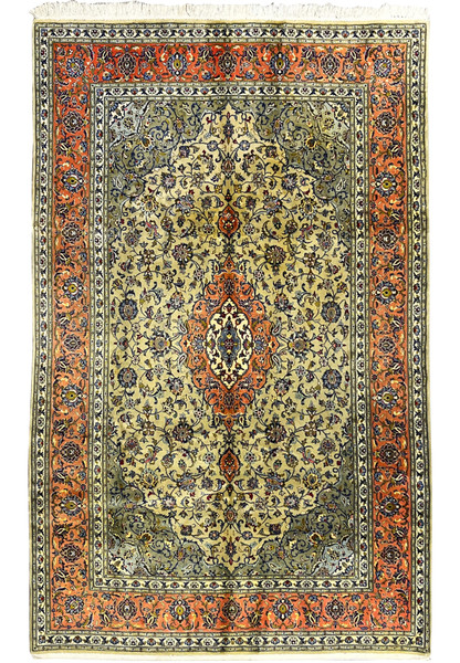 Full view of green Persian Kashan rug with central medallion and floral border, 6'7 x 9'10 size