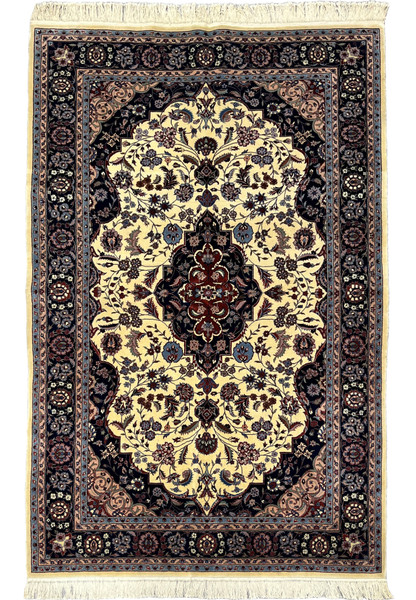 5'2 x 8 Persian Tabriz rug with ivory field, central medallion, and dark navy floral border