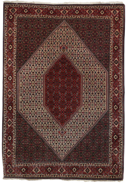 6'9 x 10 Persian Bijar rug full view with bold geometric medallion and red ivory field