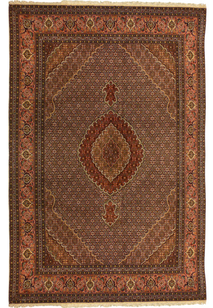 Full view of 6'6 x 10 Persian Tabriz Mahi rug with allover Herati design and earth tone palette