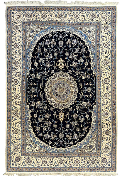 6'5 x 10 Persian Nain 6 LA silk rug with midnight navy field, ivory floral medallion, symmetrical design, refined borders, and detailed hand knotted craftsmanship