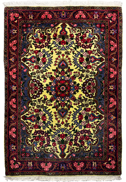3'6 x 4'11 Persian Bijar floral rug with golden yellow field and deep red borders, hand knotted wool Persian rug showcasing dense Kurdish craftsmanship