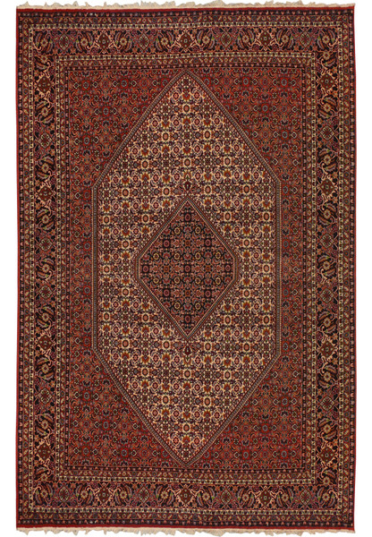 Full view of a 6'5 x 10 authentic Persian Bijar rug featuring a deep brick red field, ivory diamond medallion, dense floral motifs, and dark navy borders