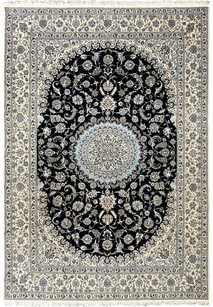 7 x 10 Persian Nain 6 LA Habibian signed silk rug with navy field, ivory border, circular medallion, fine floral detailing, and luminous silk pile