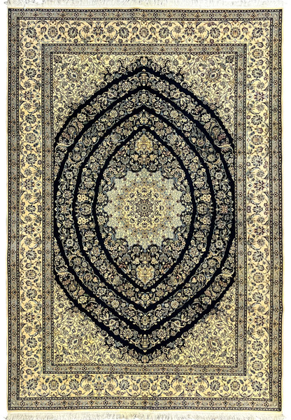 7 x 10 Persian Nain 6 La rug with deep navy field, ivory borders, silk foundation, and intricate floral medallion design