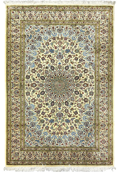 Full view of a 4'5 x 6'7 signed Persian Qum pure silk rug featuring an intricate floral medallion, ivory field, fine knot density, and classic Persian symmetry.