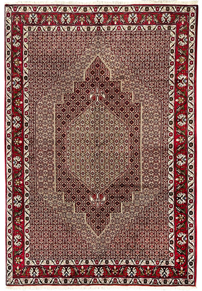 Full view of a 7'4 x 9'8 Persian Senneh rug with deep burgundy field, dense geometric patterning, stepped medallion, and ivory outlined motifs