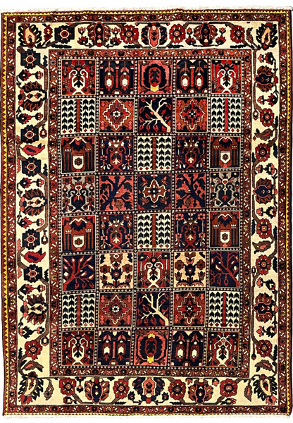 Full view of a 7'4 x 10'1 Persian Bakhtiar garden rug featuring ivory borders and colorful pictorial square panels in red and navy