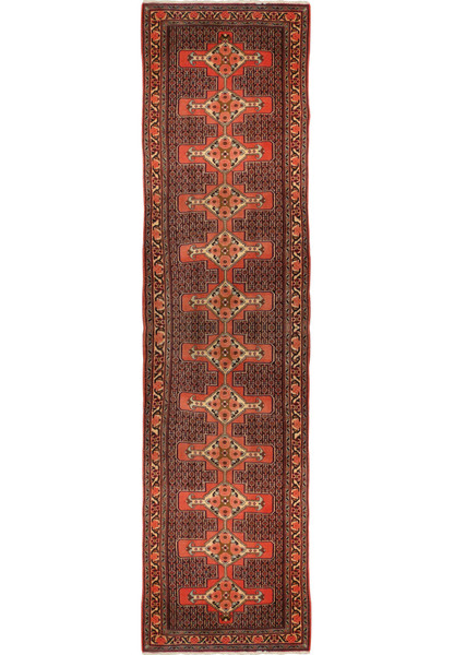 Full length Persian Senneh runner rug 3x12 hallway size red navy field with repeating medallions and floral border handmade wool