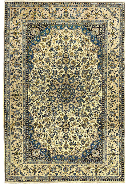 10'2 x 14'3 Persian Kashan rug full view with ivory field navy floral border and intricate central medallion handmade wool carpet from Persia