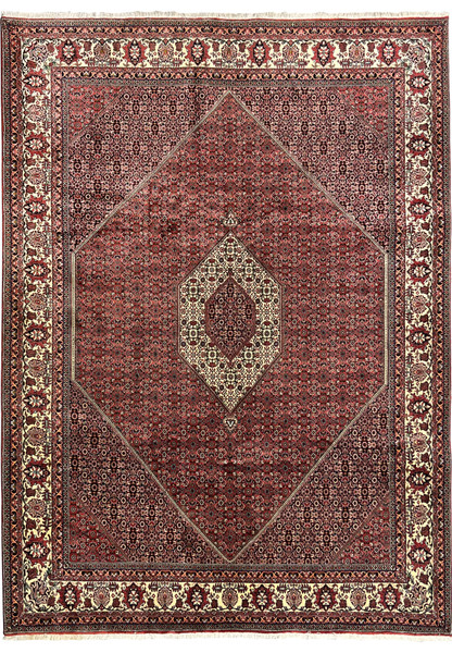 8'2 x 11'4 Persian Bijar Iron Rug full view in deep red and ivory with diamond medallion, dense Herati pattern, thick wool pile and classic border