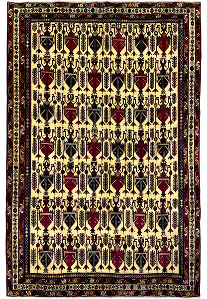 Hand-knotted 5x8 Persian Afshar tribal rug, ivory ground boteh vase design in navy and burgundy