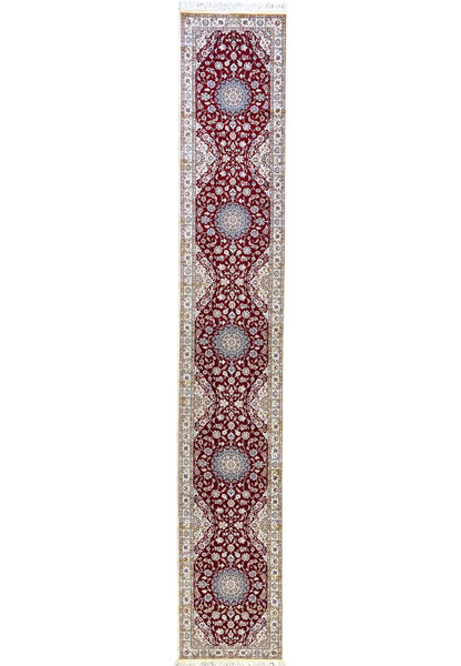 2'9x17 Persian Nain 6La Habibian runner wool silk crimson ivory blue multi-medallion full view