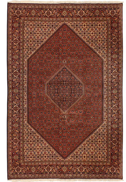 Authentic 7x10 Persian Bijar iron rug full view, rust red field with navy diamond and ivory corners