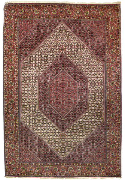 Authentic 6'9 x 9'10 Persian Bijar Bukan iron rug full view with stepped diamond medallion on ivory field