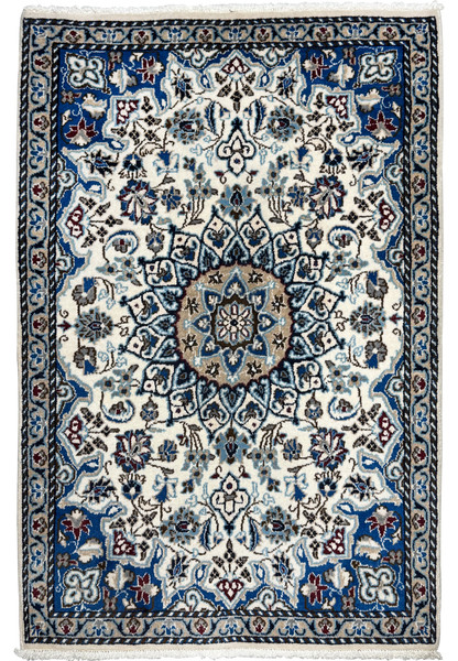 3x4 hand-knotted Persian Nain rug full view, classic ivory and royal blue with sunburst medallion design