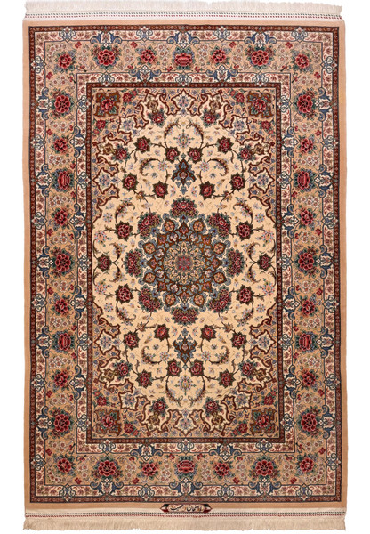 5 by 7'4 Persian Isfahan rug signed by Master Habib, full view of ivory field with peach border and rose medallion