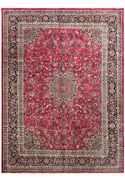 10 by 13 Persian Mashad rug, full view of cherry red field with navy border and central floral medallion