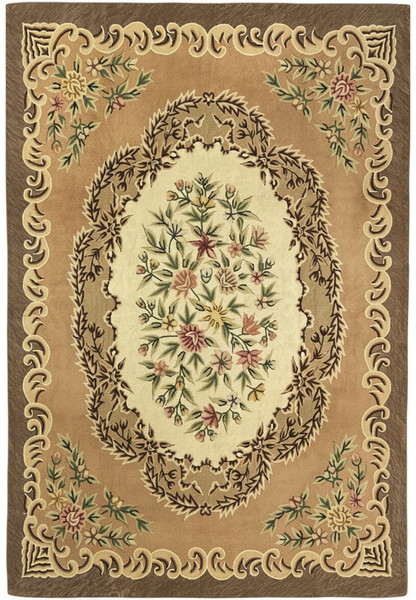 8x12 hand-hooked Oriental rug with a cream floral bouquet medallion on a taupe and brown field