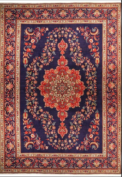 10x13 Persian Tabriz rug shown flat with a central red medallion on an open navy field