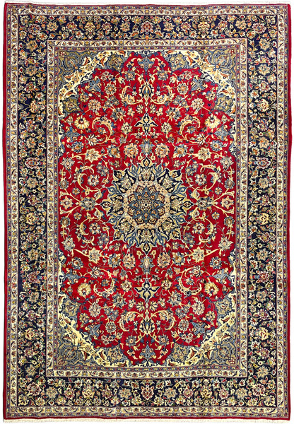 Full view of the palace size Najafabad showing red field navy borders and ivory spandrels