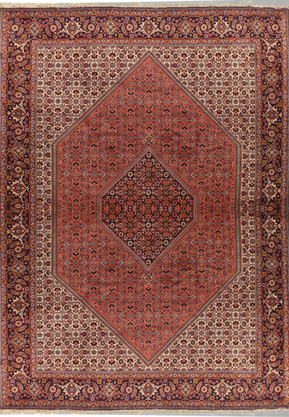 6'6" x 10'2" Persian Bijar rug with classic Mahi design, showcasing intricate floral patterns and a deep red field.